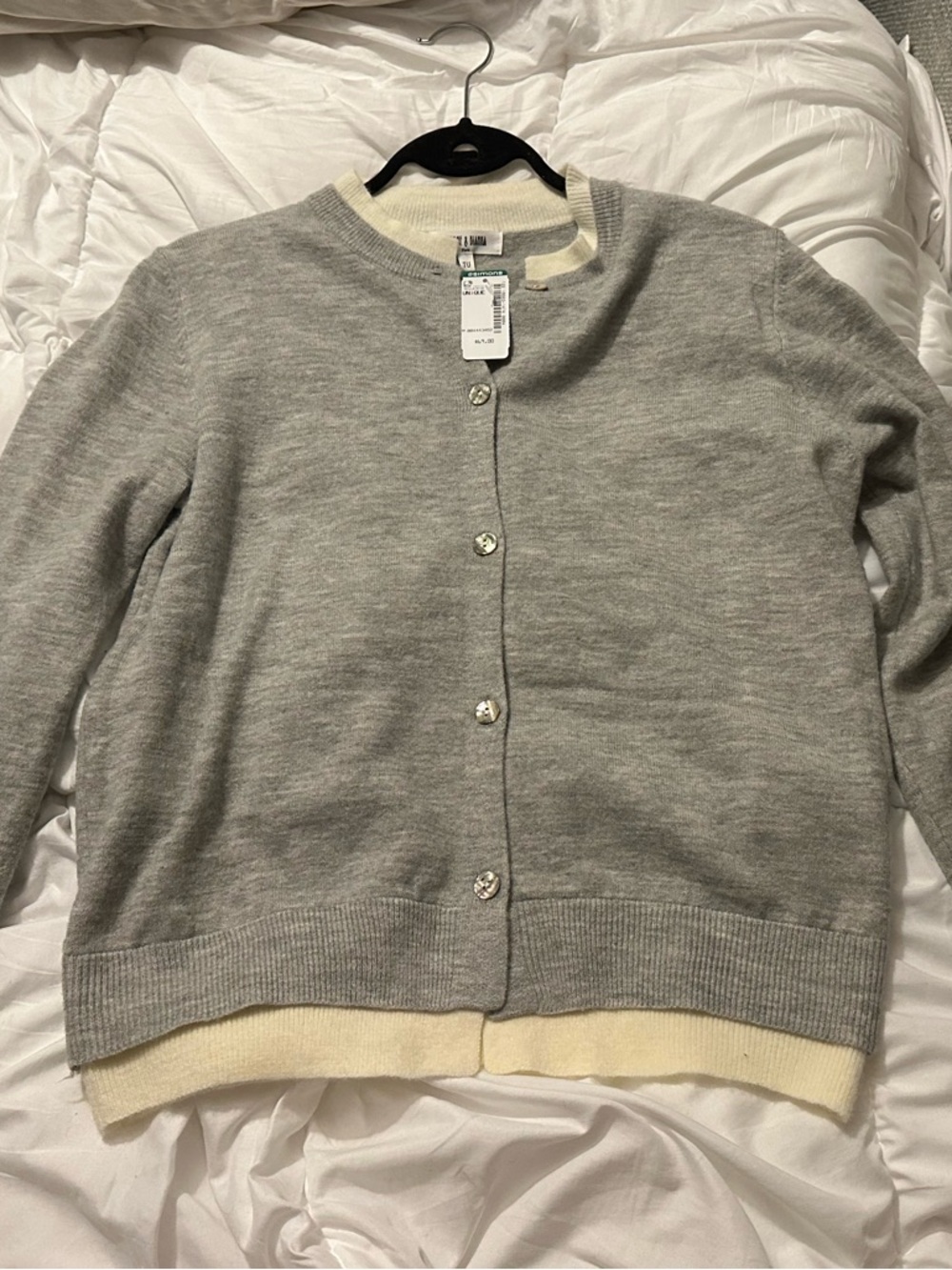 NWT Gray Crewneck Cardigan Sweater with Cream Trim/Layer. One size fits all